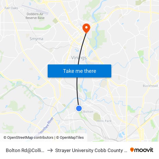 Bolton Rd@Collins Rd to Strayer University Cobb County Campus map