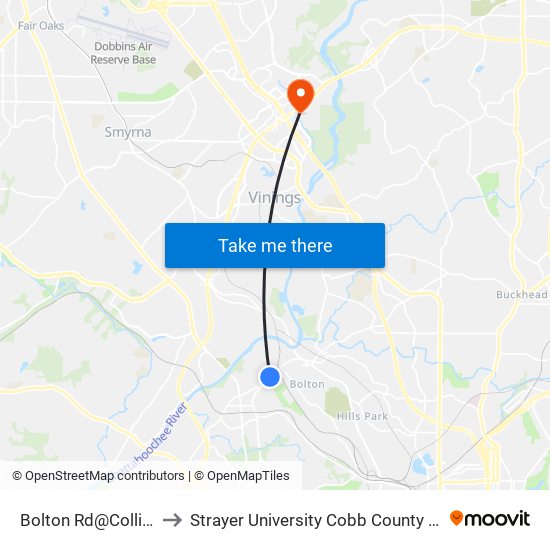 Bolton Rd@Collins Dr to Strayer University Cobb County Campus map