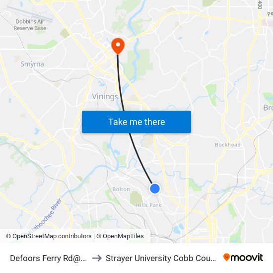 Defoors Ferry Rd@Hills Ave to Strayer University Cobb County Campus map