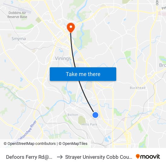 Defoors Ferry Rd@Bohler Rd to Strayer University Cobb County Campus map