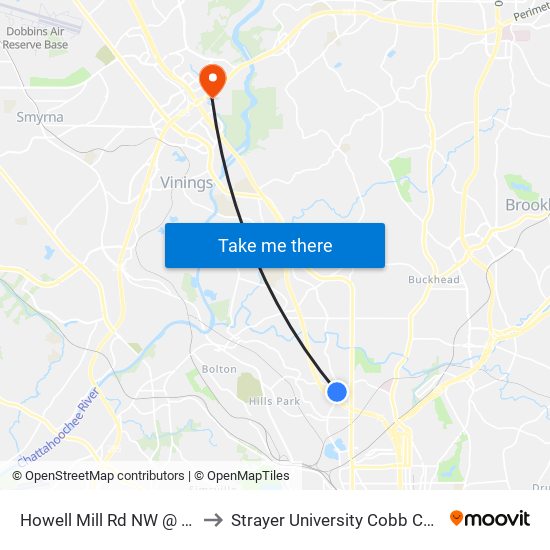 Howell Mill Rd NW @ Channing Dr to Strayer University Cobb County Campus map