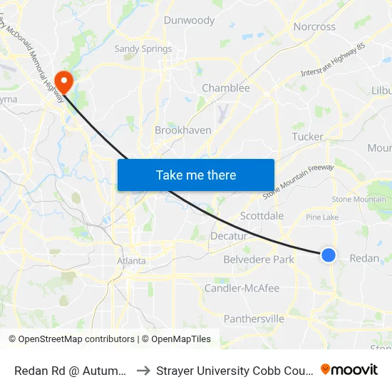 Redan Rd @ Autumn Crest Dr to Strayer University Cobb County Campus map