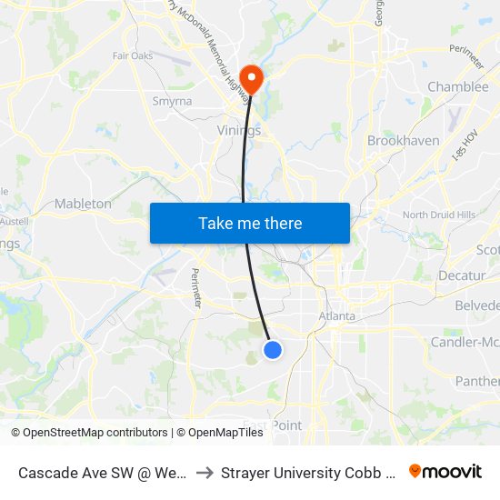 Cascade Ave SW @ Westhaven Dr SW to Strayer University Cobb County Campus map