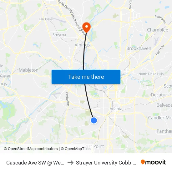 Cascade Ave SW @ Westhaven Dr SW to Strayer University Cobb County Campus map