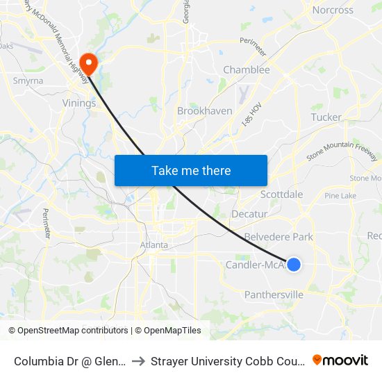 Columbia Dr @ Glenwood Rd to Strayer University Cobb County Campus map