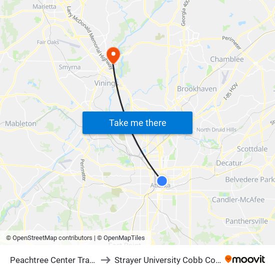 Peachtree Center Transit Station to Strayer University Cobb County Campus map