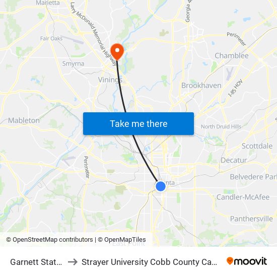 Garnett Station to Strayer University Cobb County Campus map