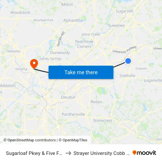 Sugarloaf Pkwy & Five Forks Trickum Rd to Strayer University Cobb County Campus map