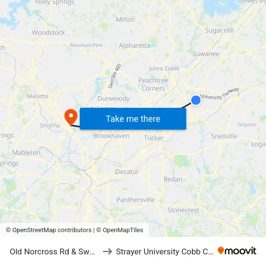 Old Norcross Rd & Sweetwater Rd Ib to Strayer University Cobb County Campus map