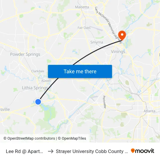 Lee Rd @ Apartments to Strayer University Cobb County Campus map