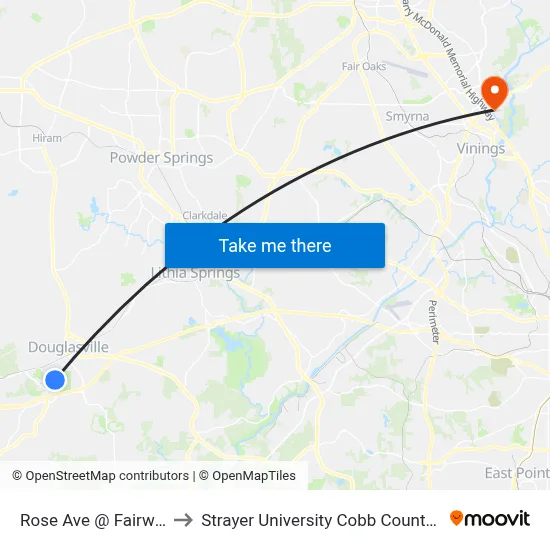 Rose Ave @ Fairways Dr to Strayer University Cobb County Campus map