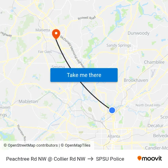 Peachtree Rd NW @ Collier Rd NW to SPSU Police map