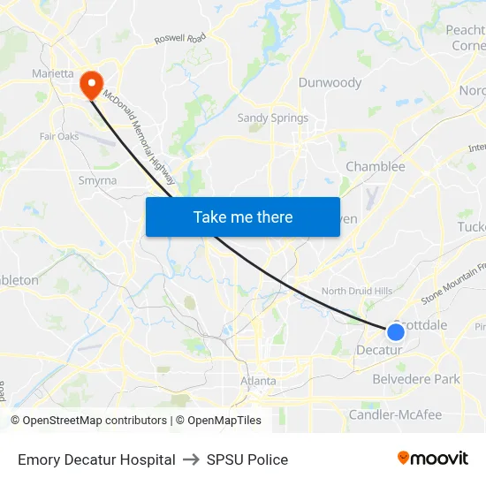 Emory Decatur Hospital to SPSU Police map