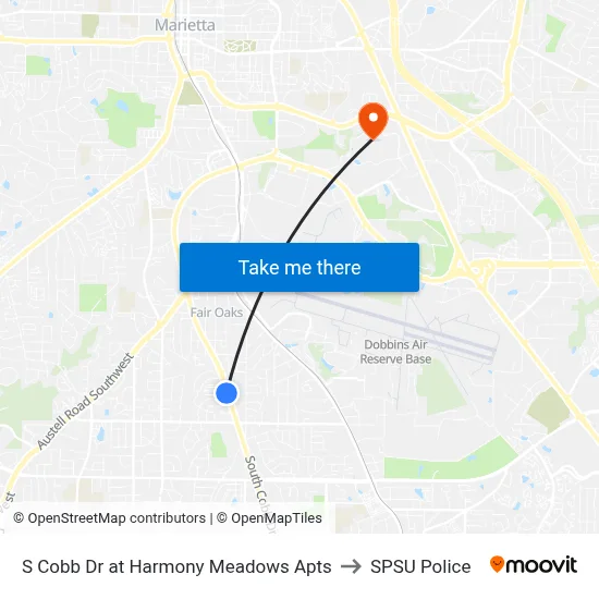 S Cobb Dr at Harmony Meadows Apts to SPSU Police map
