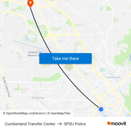 Cumberland Transfer Center to SPSU Police map