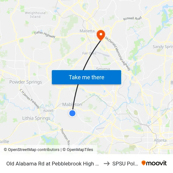Old Alabama Rd at Pebblebrook High Schoo to SPSU Police map