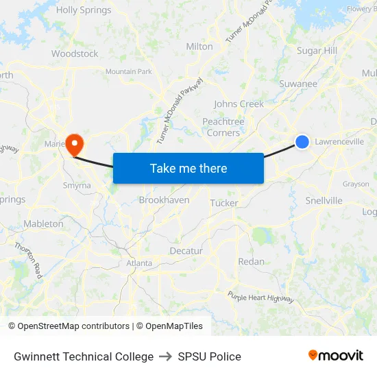 Gwinnett Technical College to SPSU Police map