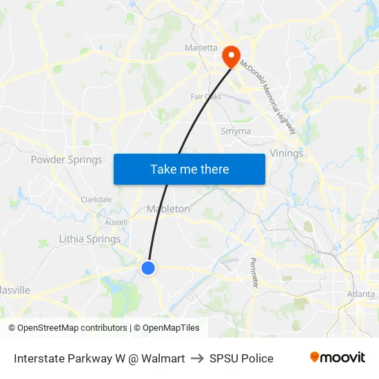 Interstate Parkway W @ Walmart to SPSU Police map