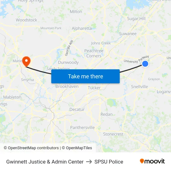 Gwinnett Justice & Admin Center to SPSU Police map