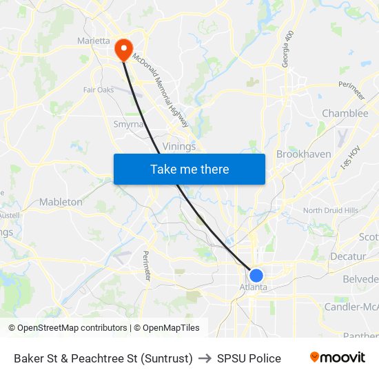 Baker St & Peachtree St (Suntrust) to SPSU Police map