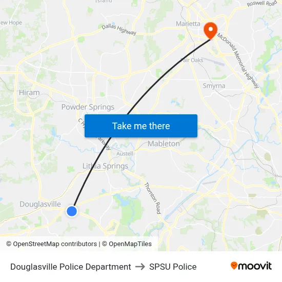 Douglasville Police Department to SPSU Police map