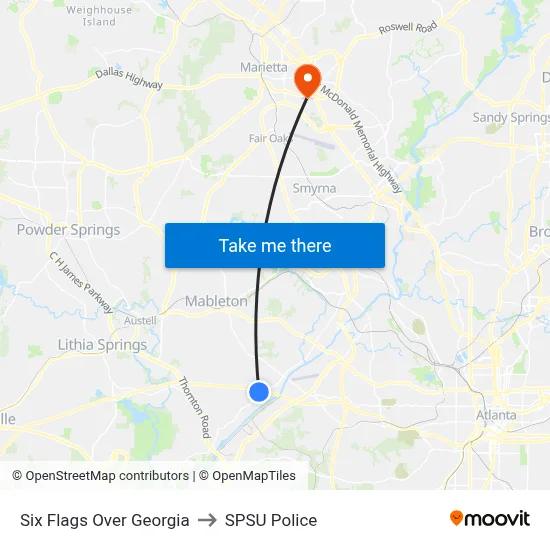 Six Flags Over Georgia to SPSU Police map