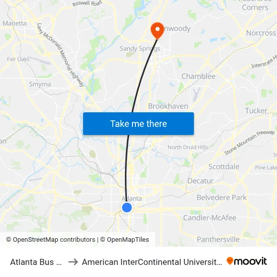 Atlanta Bus Station to American InterContinental University Atlanta (AIU) map