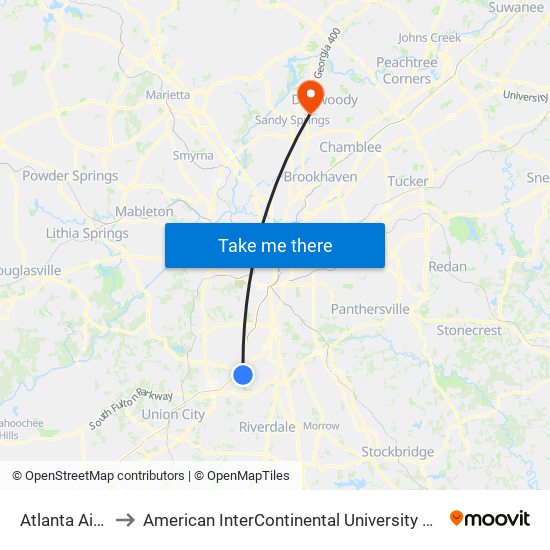 Atlanta Airport to American InterContinental University Atlanta (AIU) map