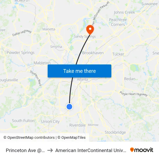 Princeton Ave @ College St to American InterContinental University Atlanta (AIU) map