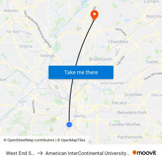 West End Station to American InterContinental University Atlanta (AIU) map