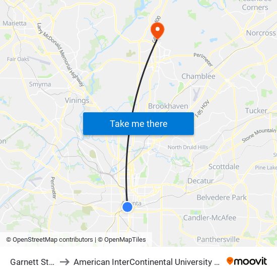 Garnett Station to American InterContinental University Atlanta (AIU) map