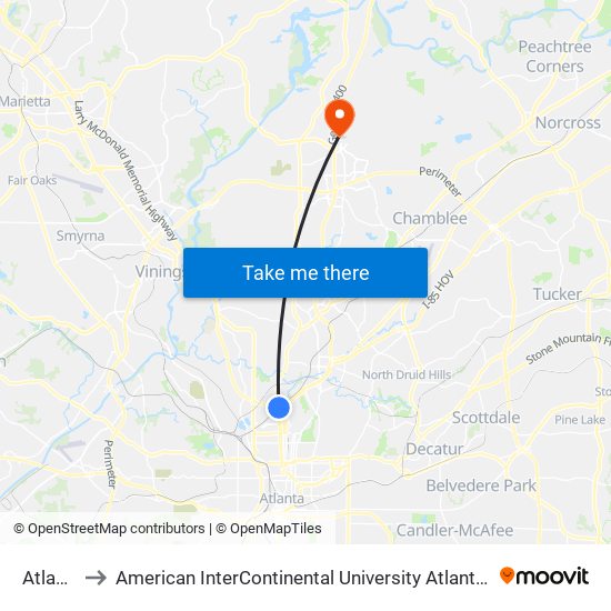 Atlanta to American InterContinental University Atlanta (AIU) map