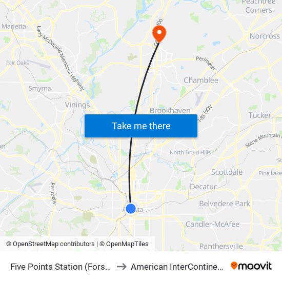 Five Points Station (Forsyth Street at Alabama Street) to American InterContinental University Atlanta (AIU) map