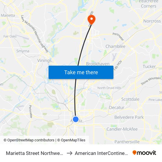 Marietta Street Northwest at Fairlie Street Northwest to American InterContinental University Atlanta (AIU) map