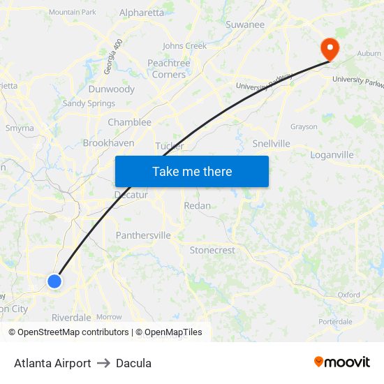 Atlanta Airport to Dacula map