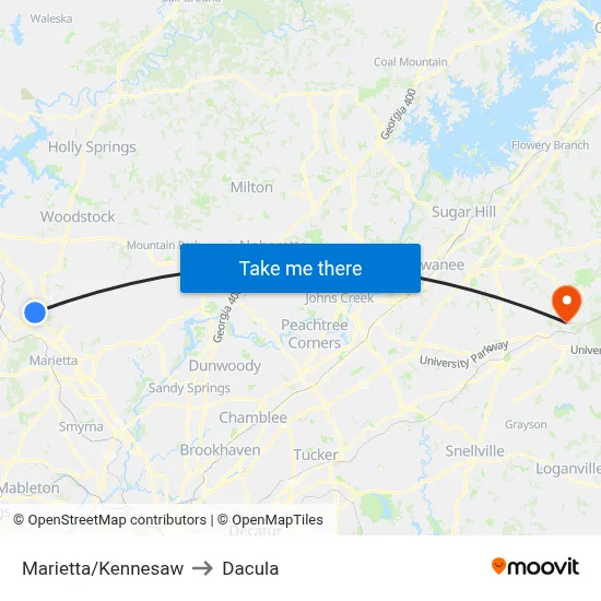 Marietta/Kennesaw to Dacula map