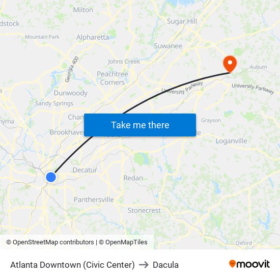 Atlanta Downtown (Civic Center) to Dacula map