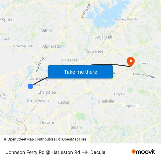 Johnson Ferry Rd @ Harleston Rd to Dacula map