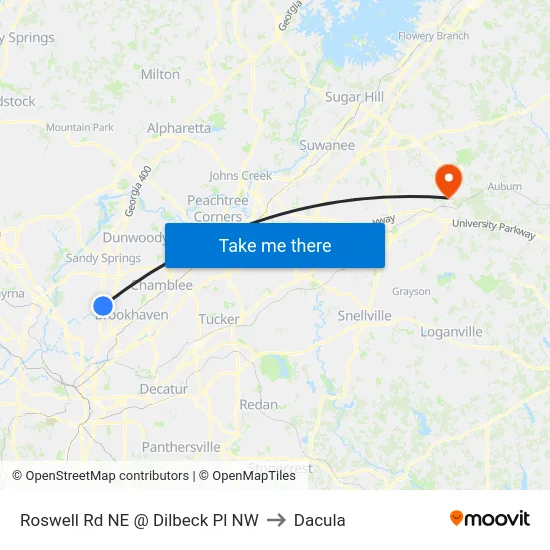 Roswell Rd NE @ Dilbeck Pl NW to Dacula map