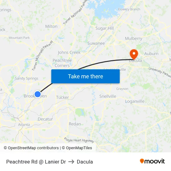Peachtree Rd @ Lanier Dr to Dacula map