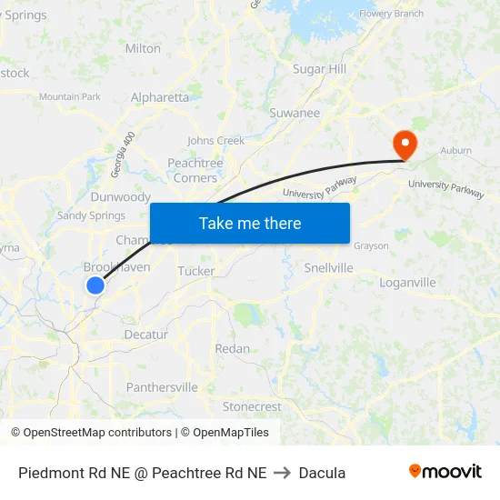 Piedmont Rd NE @ Peachtree Rd NE to Dacula map
