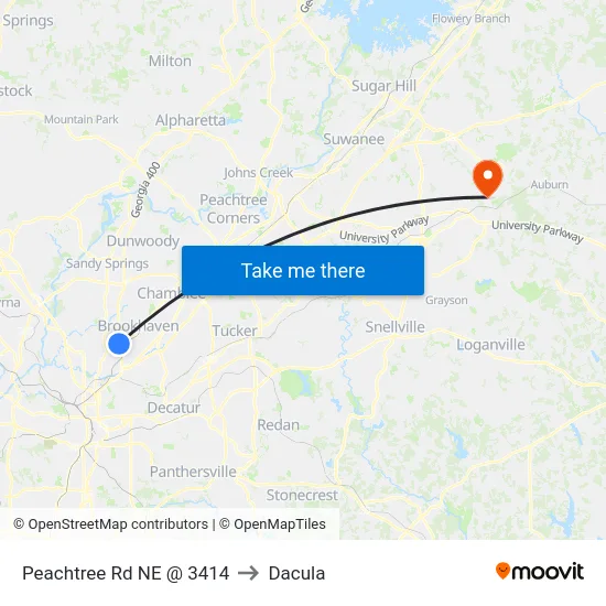 Peachtree Rd NE @ 3414 to Dacula map
