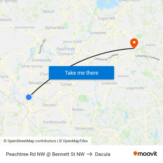 Peachtree Rd NW @ Bennett St NW to Dacula map