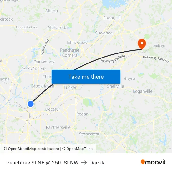 Peachtree St NE @ 25th St NW to Dacula map
