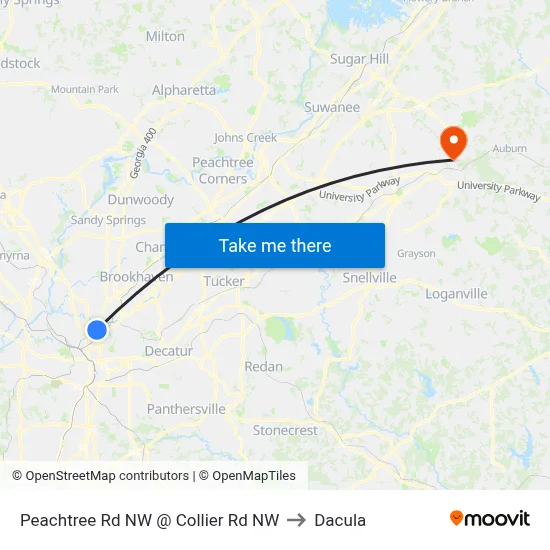 Peachtree Rd NW @ Collier Rd NW to Dacula map