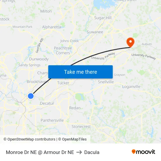 Monroe Dr NE @ Armour Dr NE to Dacula map