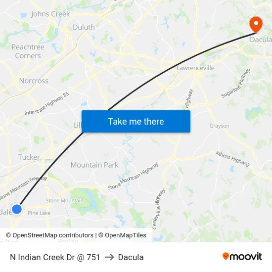 N Indian Creek Dr @ 751 to Dacula map