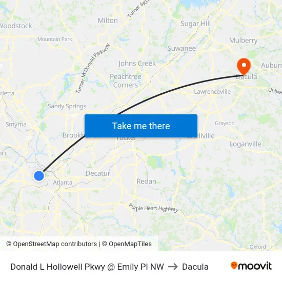 Donald L Hollowell Pkwy @ Emily Pl NW to Dacula map