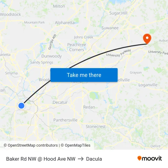 Baker Rd NW @ Hood Ave NW to Dacula map