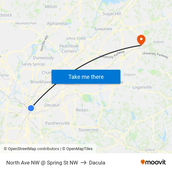 North Ave NW @ Spring St NW to Dacula map
